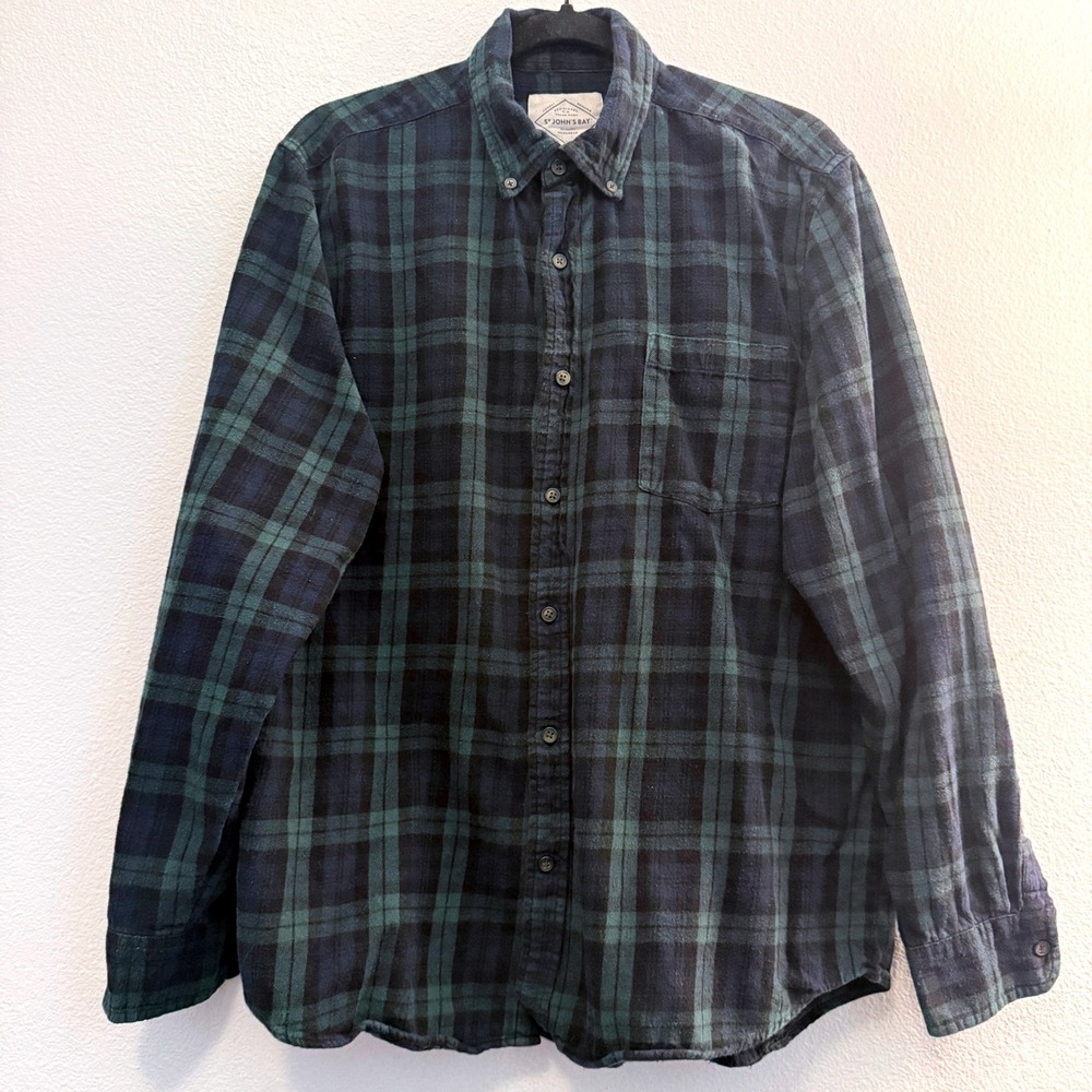 St Johns Bay Mens L Flannel Shirt Green Navy Blue Plaid Cotton Button Down CABIN